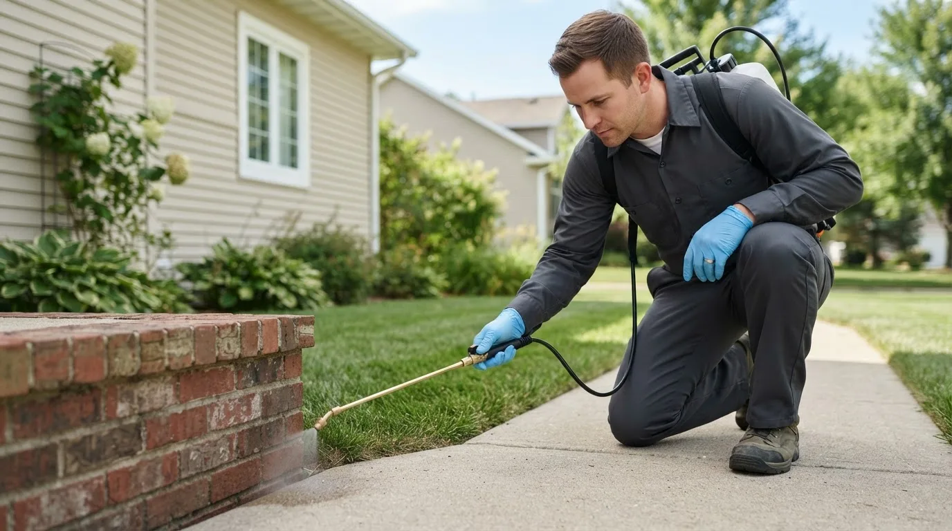 Pest control technician treating a home near Colona, IL