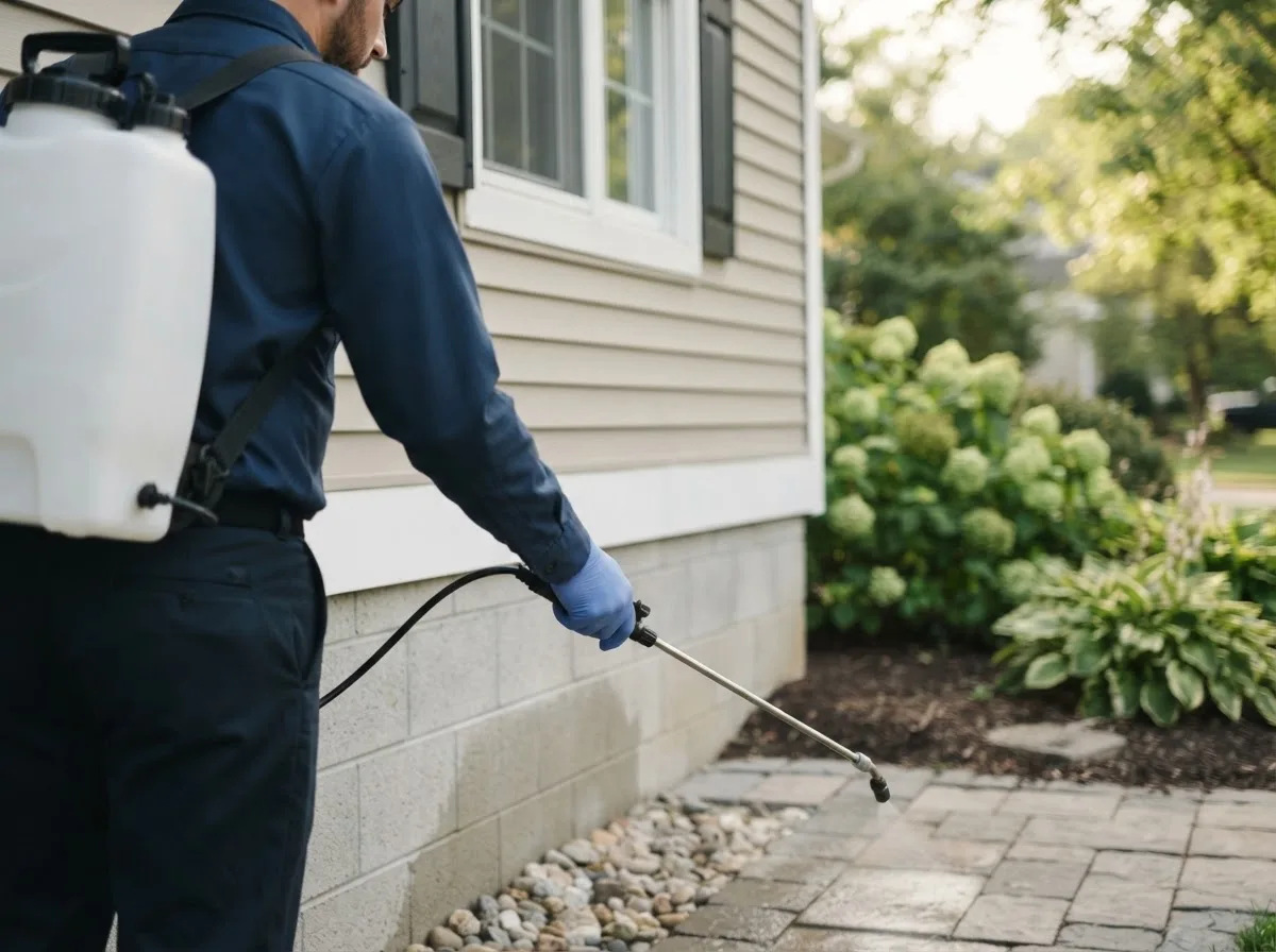 Pest control technician inspecting a home in Colona, IL